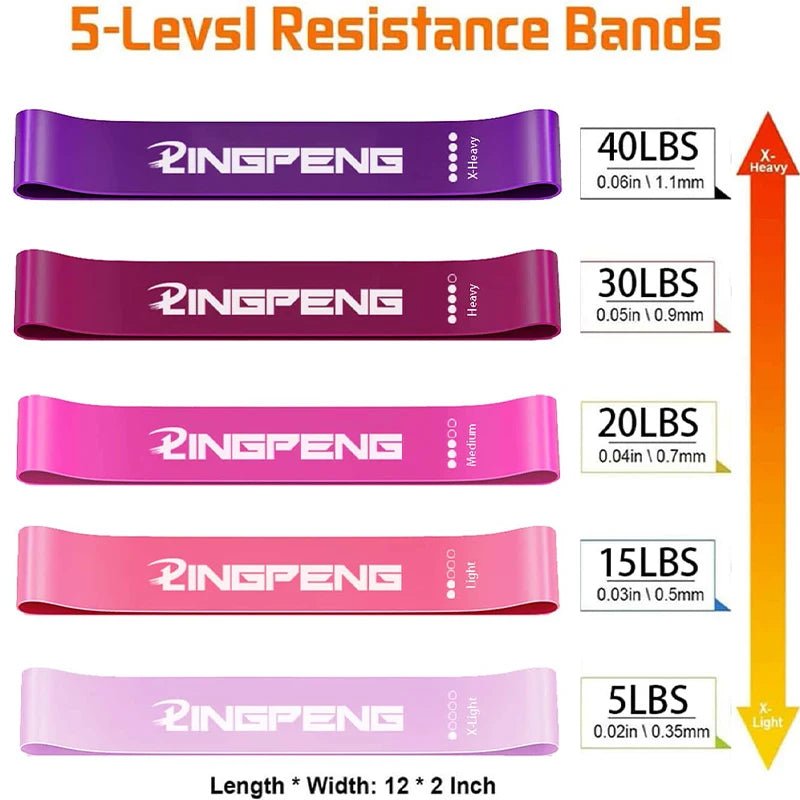 Five resistance bands in graduated pink and purple shades, labelled with weight levels from 5lbs to 40lbs.