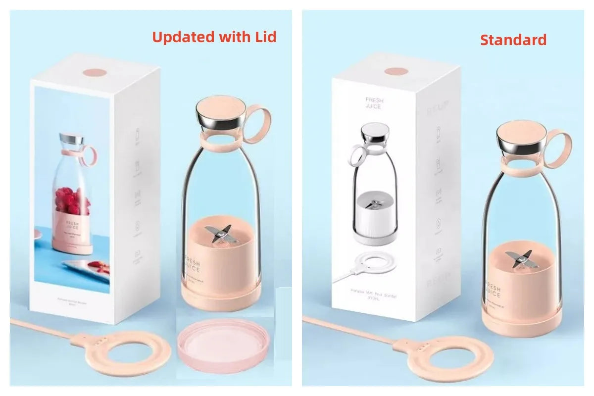 Two portable pink blenders with charging bases, shown in standard and updated lid versions with white product boxes.