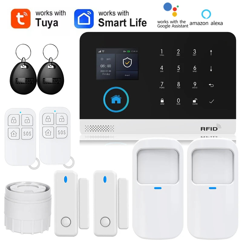 Smart white and black home security system with alarm panel, motion sensors, RFID key fobs, and remote controls.