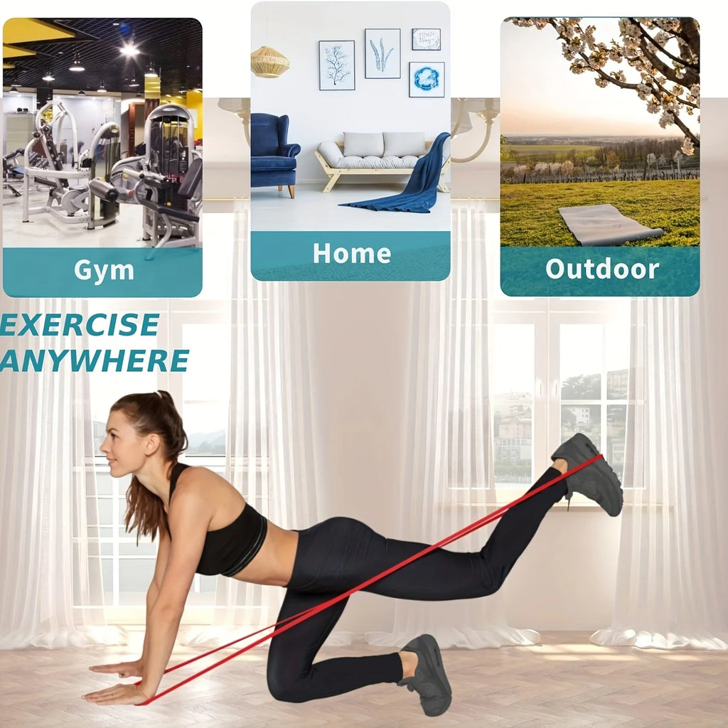 A woman using a red resistance band to exercise at home, gym, or outdoors.