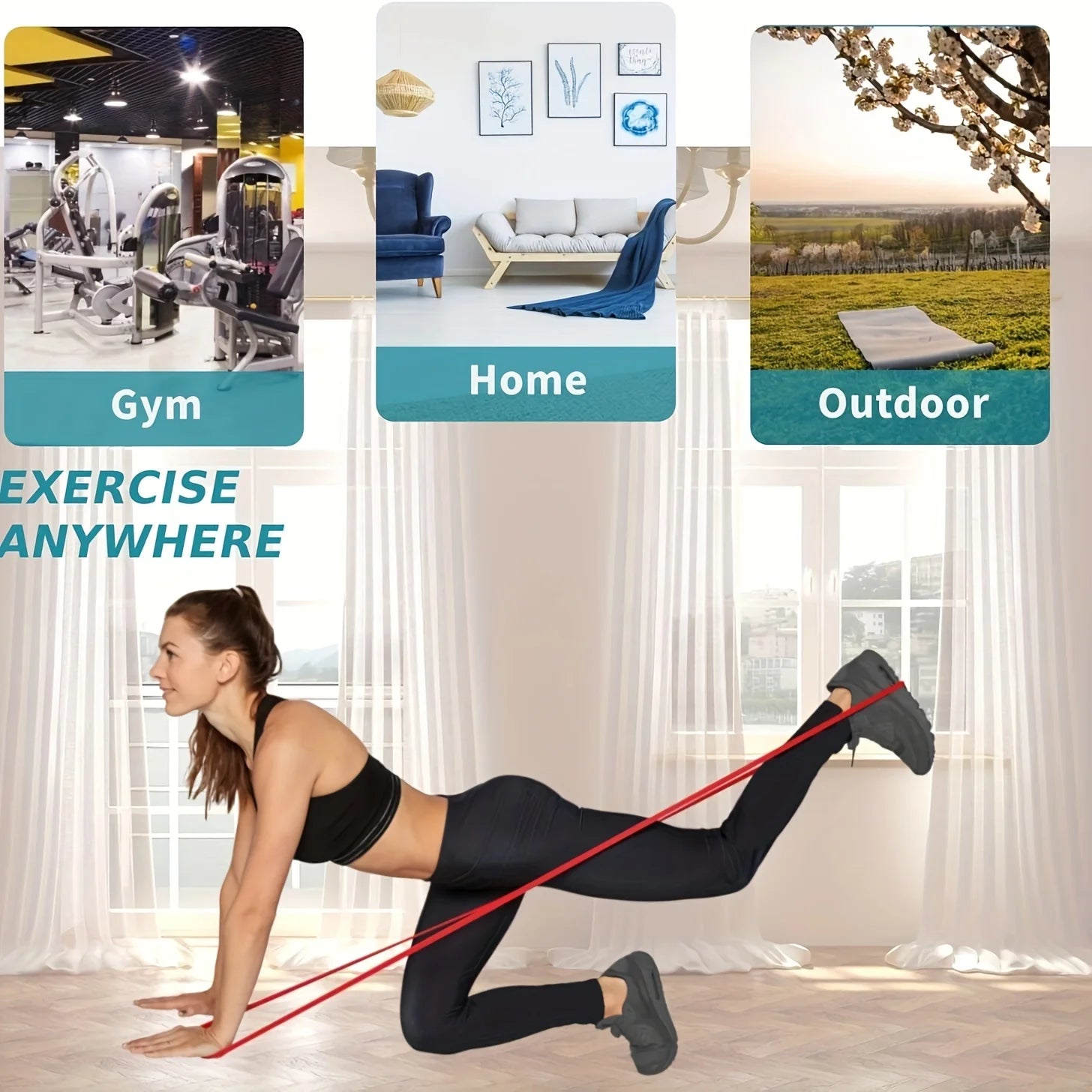 A woman using a red resistance band to exercise at home, gym, or outdoors.