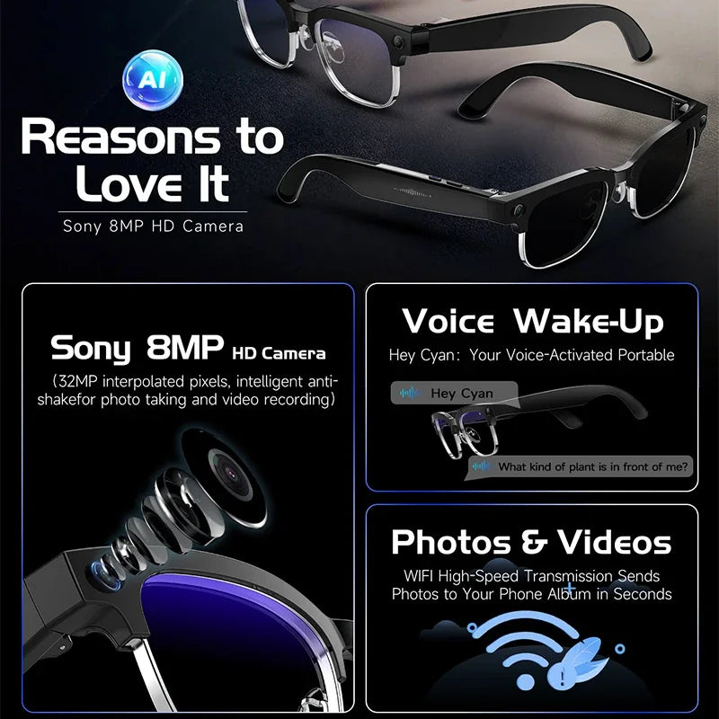 Sleek black smart glasses with an integrated HD camera, featuring voice-activated AI and wireless media sharing.