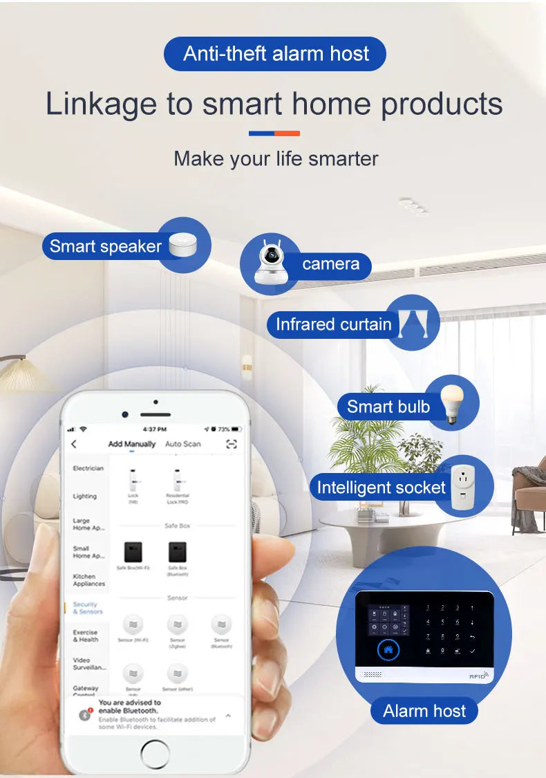 White smartphone app interface showing smart home device integration, including a white digital alarm host control panel.