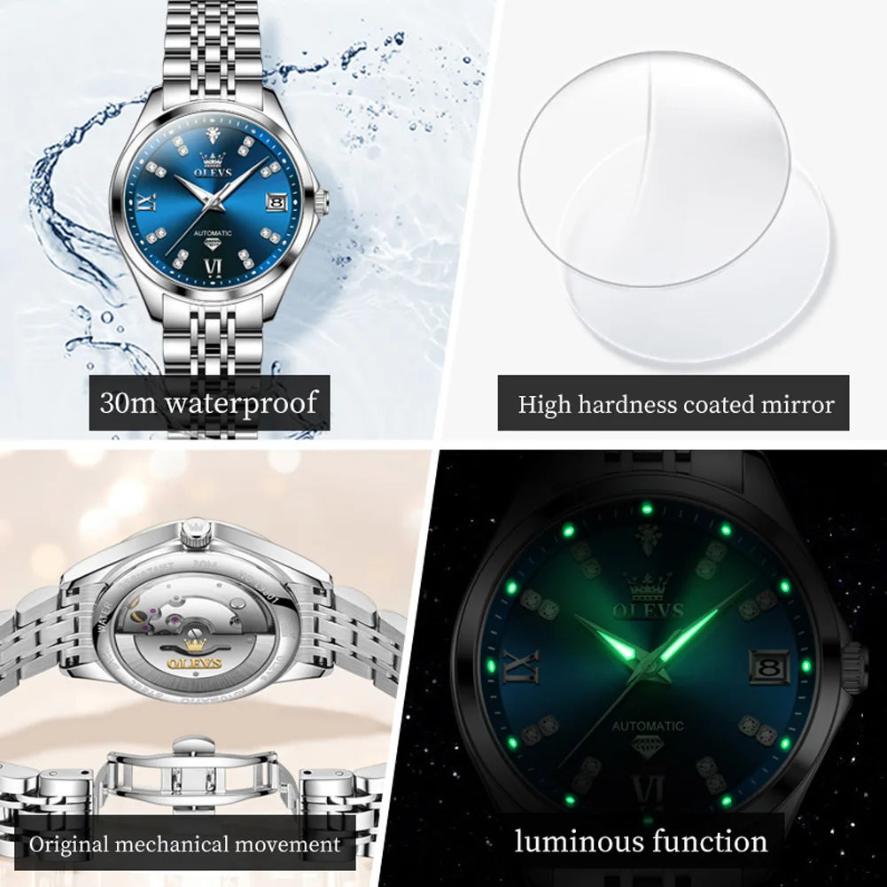 Elegant silver stainless steel automatic watch with a blue dial, diamond markers, luminous hands, and water resistance.