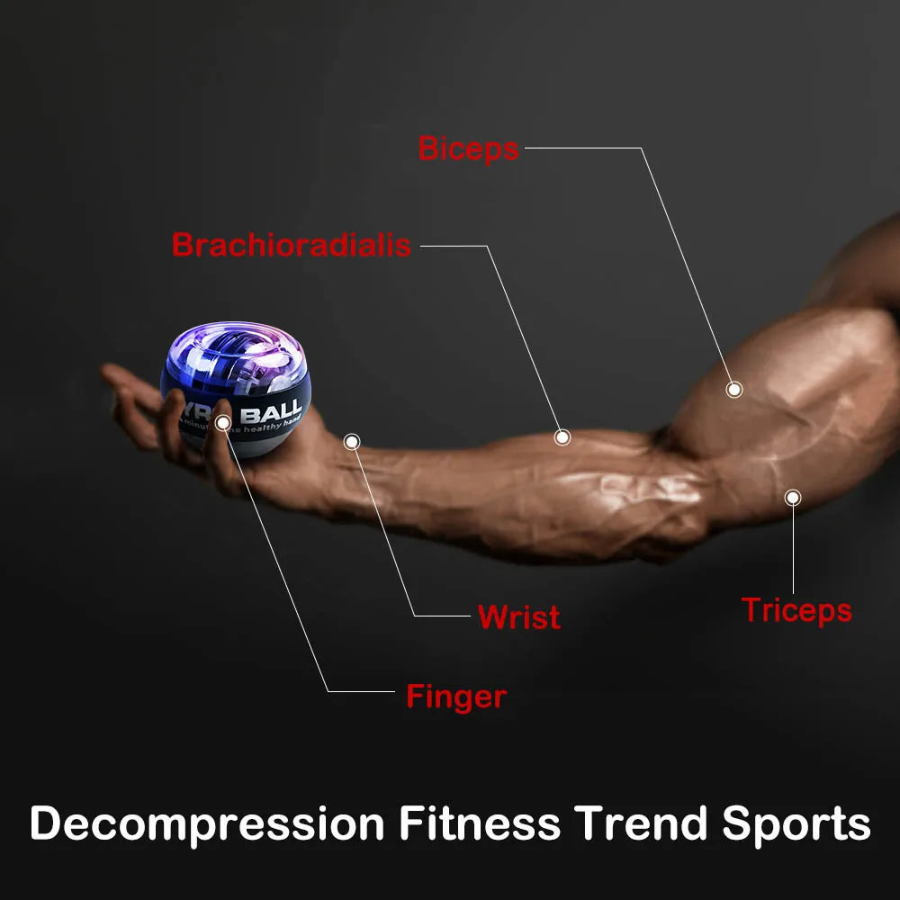 A black glowing wrist exercise ball held in a hand, with anatomical labels for arm muscles.