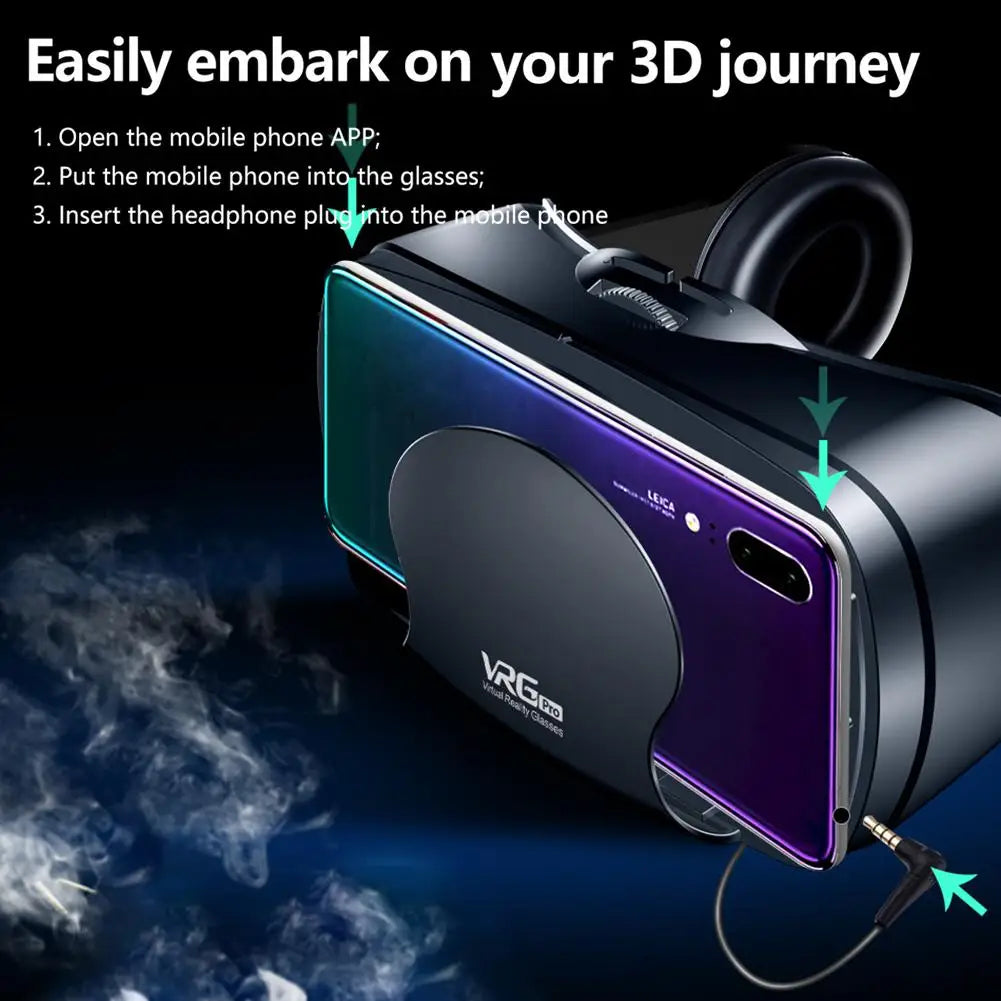 Black VR headset with an integrated smartphone slot and headphone jack, shown against a dark, abstract background.