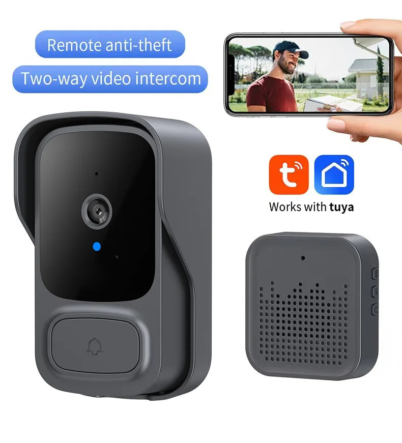 Smart grey wireless video doorbell with HD camera and matching speaker unit, featuring two-way audio and app connectivity.
