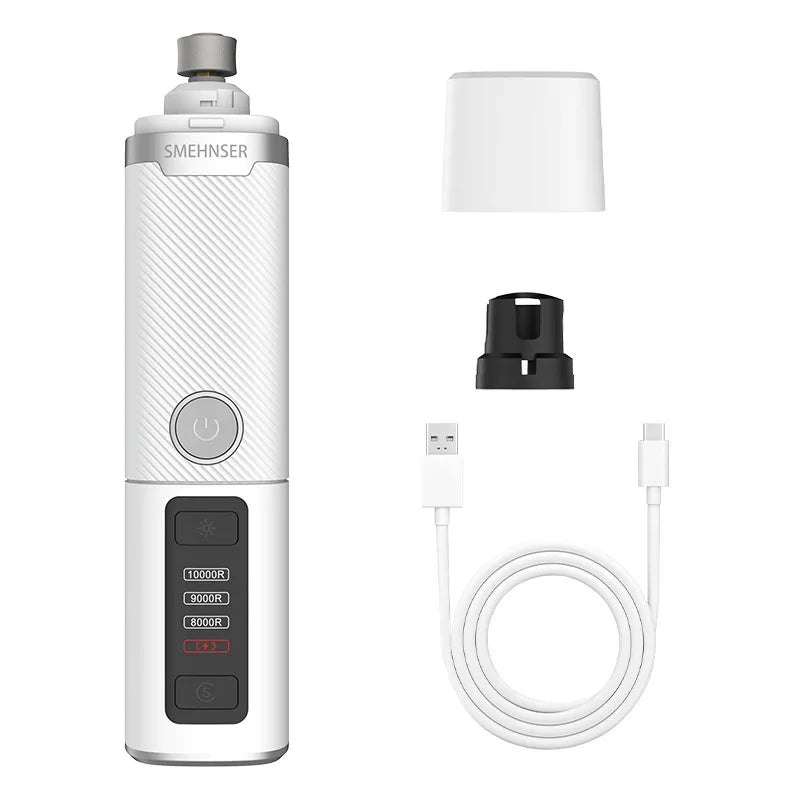 White electric pet nail grinder with LED light, speed settings, two grinding heads, and a USB charging cable.