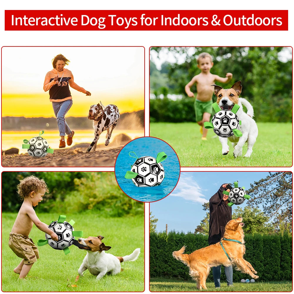 Black and white soccer ball for dogs with bright green pull straps for interactive fetch and tug play.