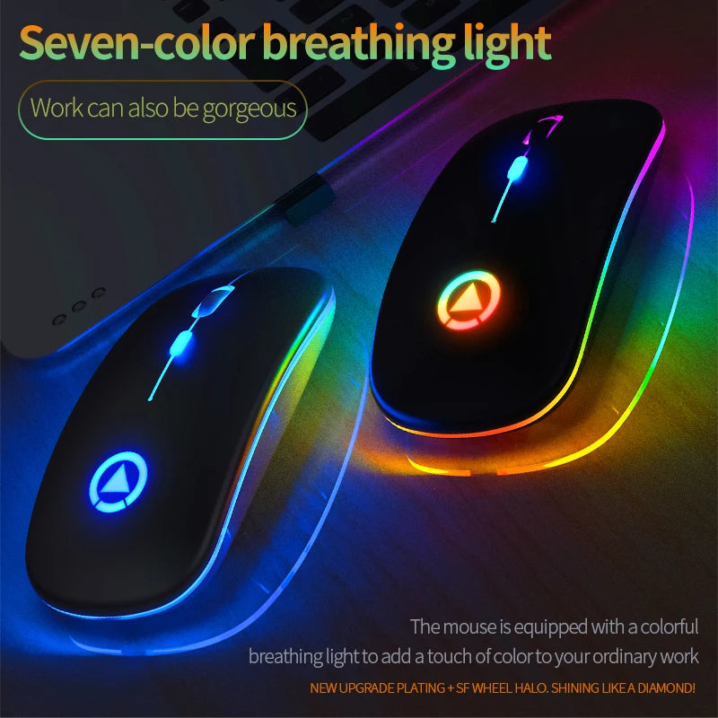 Sleek black wireless ergonomic mouse with vibrant, multi-coloured breathing light effects on a desk.
