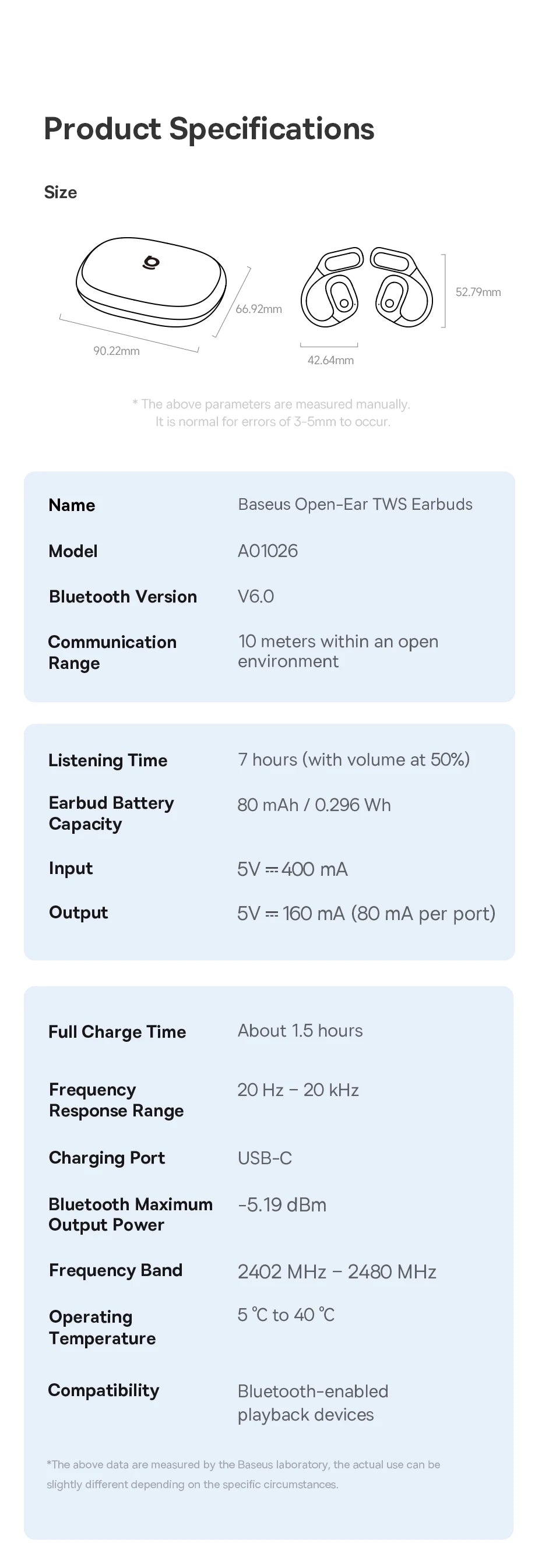 Specifications for white open-ear TWS earbuds with a charging case, detailing size and technical performance data.