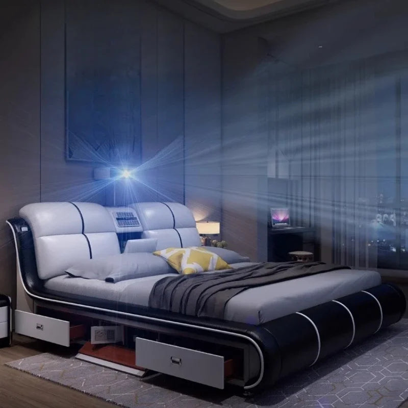 Modern cream and black leather bed frame with built-in storage drawers and integrated headboard shelving.