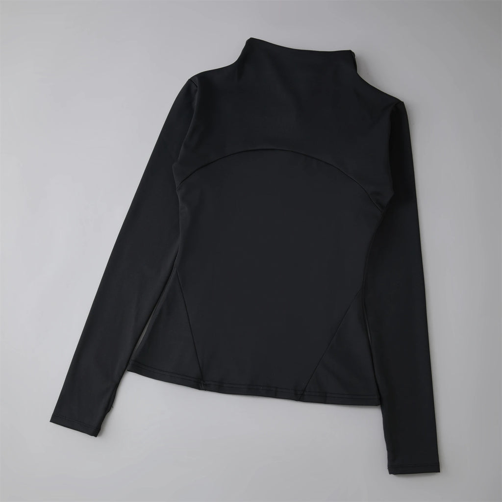 Black long-sleeved athletic top with a mock neck, fitted silhouette, and curved seam detailing on the back.