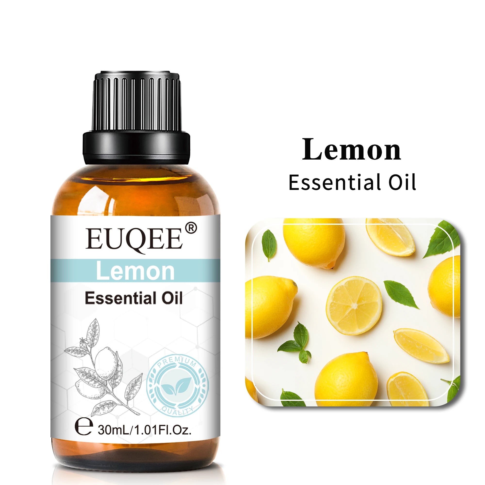 30ml amber glass bottle of lemon essential oil with a black dropper cap and a label featuring lemon illustrations.