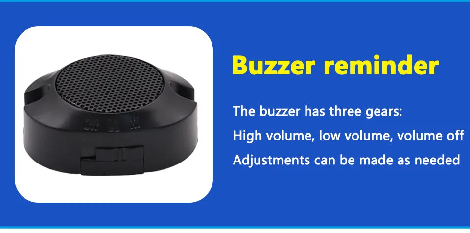 Black circular reversing camera buzzer with a mesh speaker top and a three-setting volume switch on the side.
