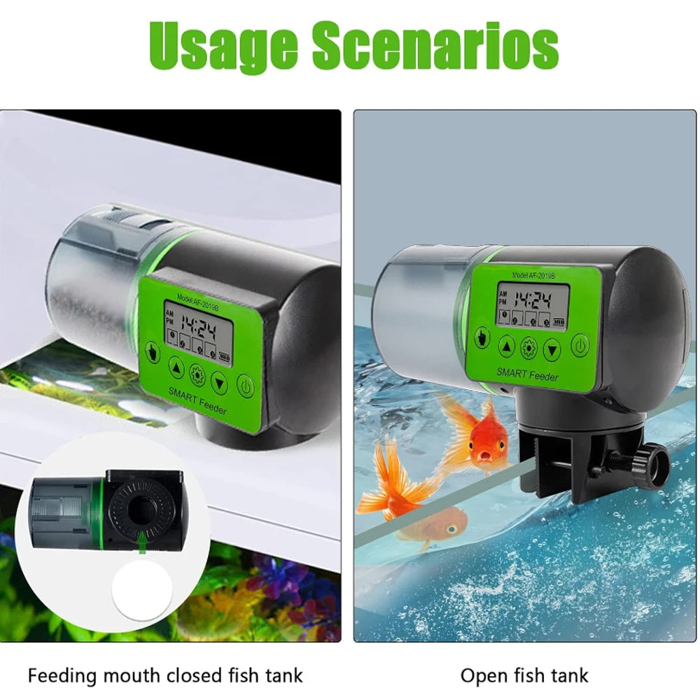 Black and green digital automatic fish feeder with a transparent food container, shown mounted on aquarium tanks.