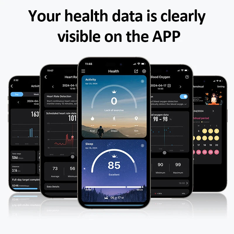 Five smartphones displaying a dark-themed health app tracking heart rate, sleep, activity, blood oxygen, and cycles.