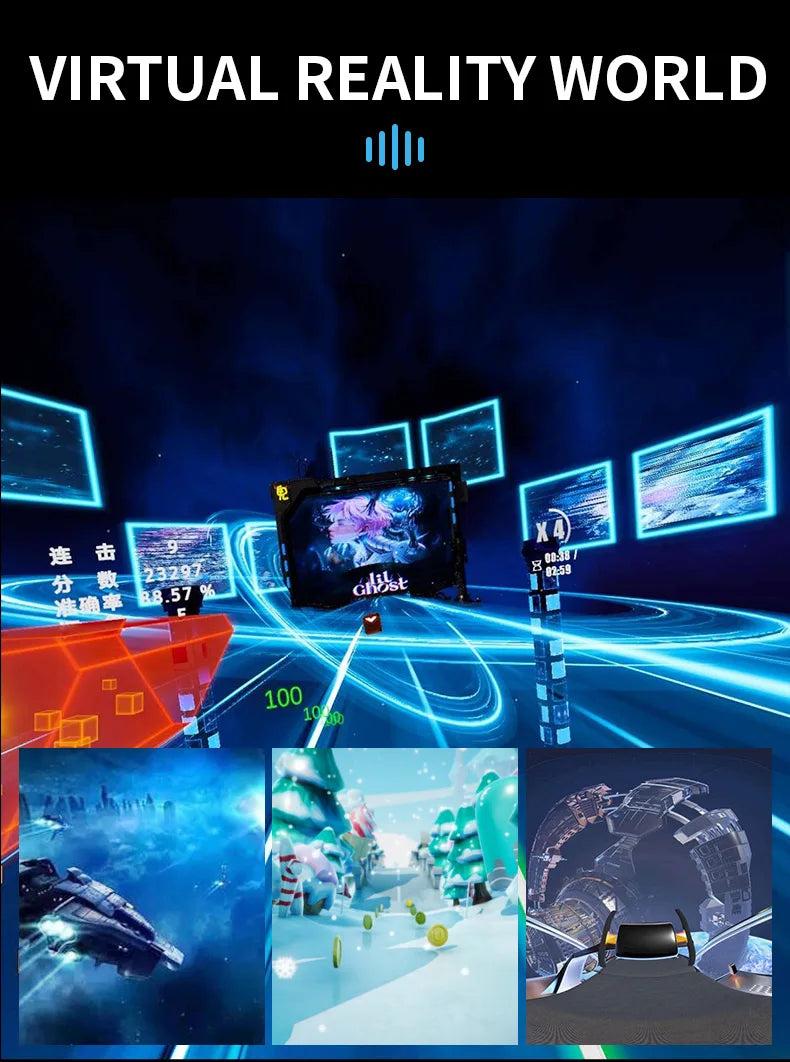 Black smartphone VR headset shown in a split-screen collage of immersive, colourful gaming environments.