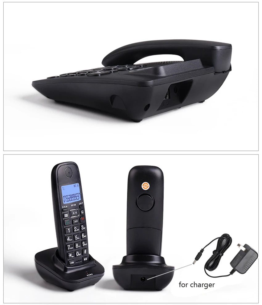 Black corded desk phone and cordless handset with a backlit screen, charging base, and UK power adapter.