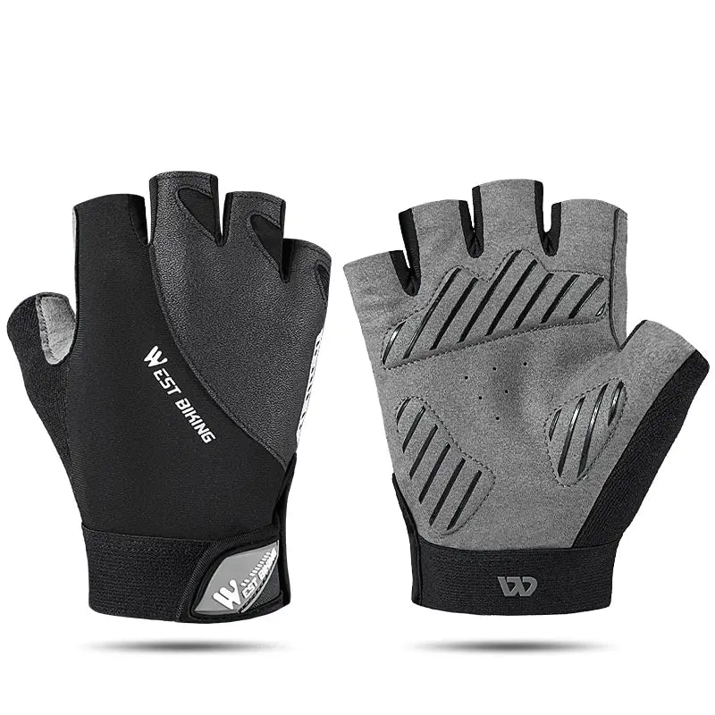 Black and grey fingerless West Biking cycling gloves with anti-slip palm padding and a Velcro wrist strap.