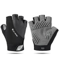 Black and grey fingerless West Biking cycling gloves with anti-slip palm padding and a Velcro wrist strap.