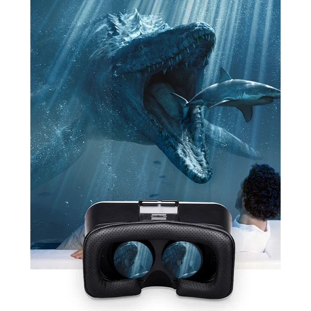 Black VR headset with a perforated leather face cushion, showing a prehistoric sea monster scene through the lenses.