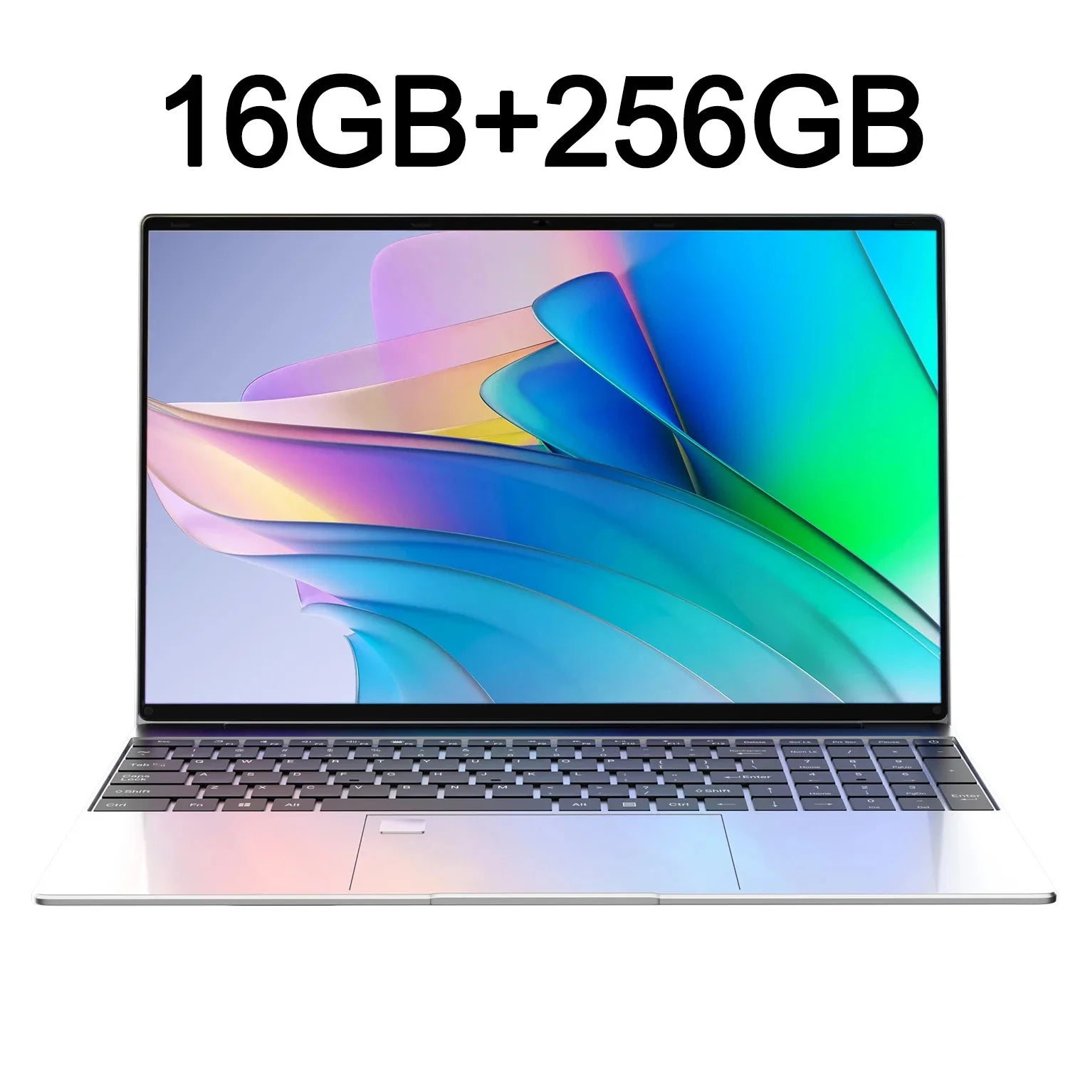 Sleek, silver 15.6-inch laptop with a slim-bezel display, full-size keyboard and vibrant abstract desktop wallpaper.