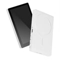 White digital photo frame with a sleek, minimalist design, featuring side-mounted control buttons and power port.