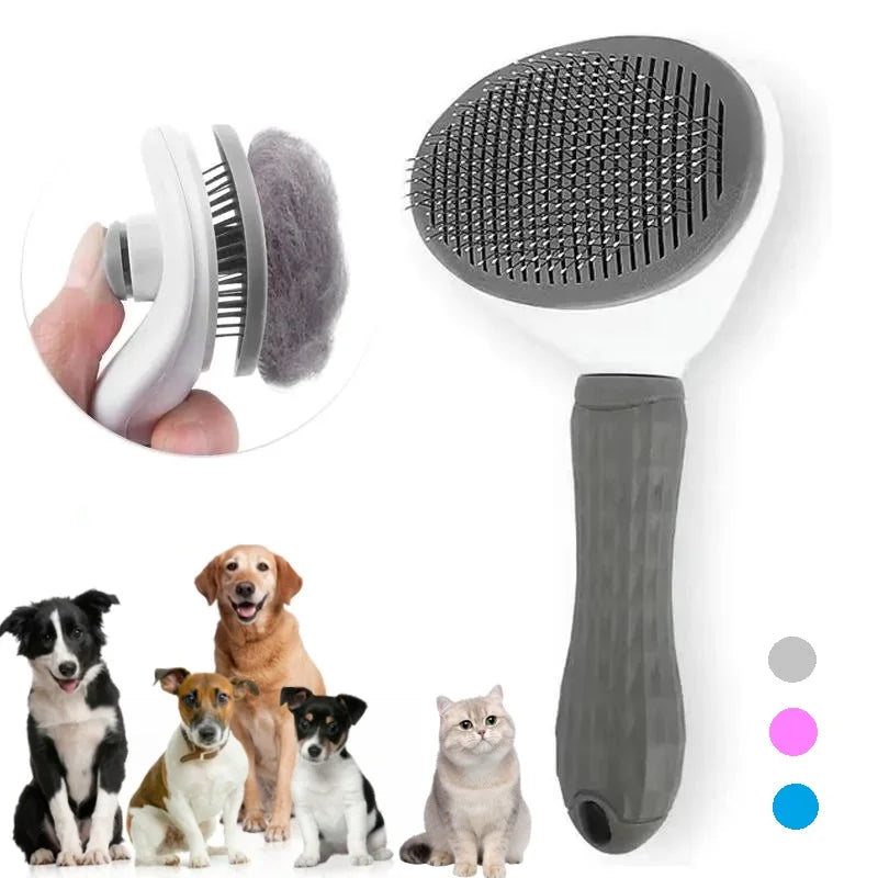 Grey and white self-cleaning slicker pet grooming brush, featuring an ergonomic handle and various pets below.