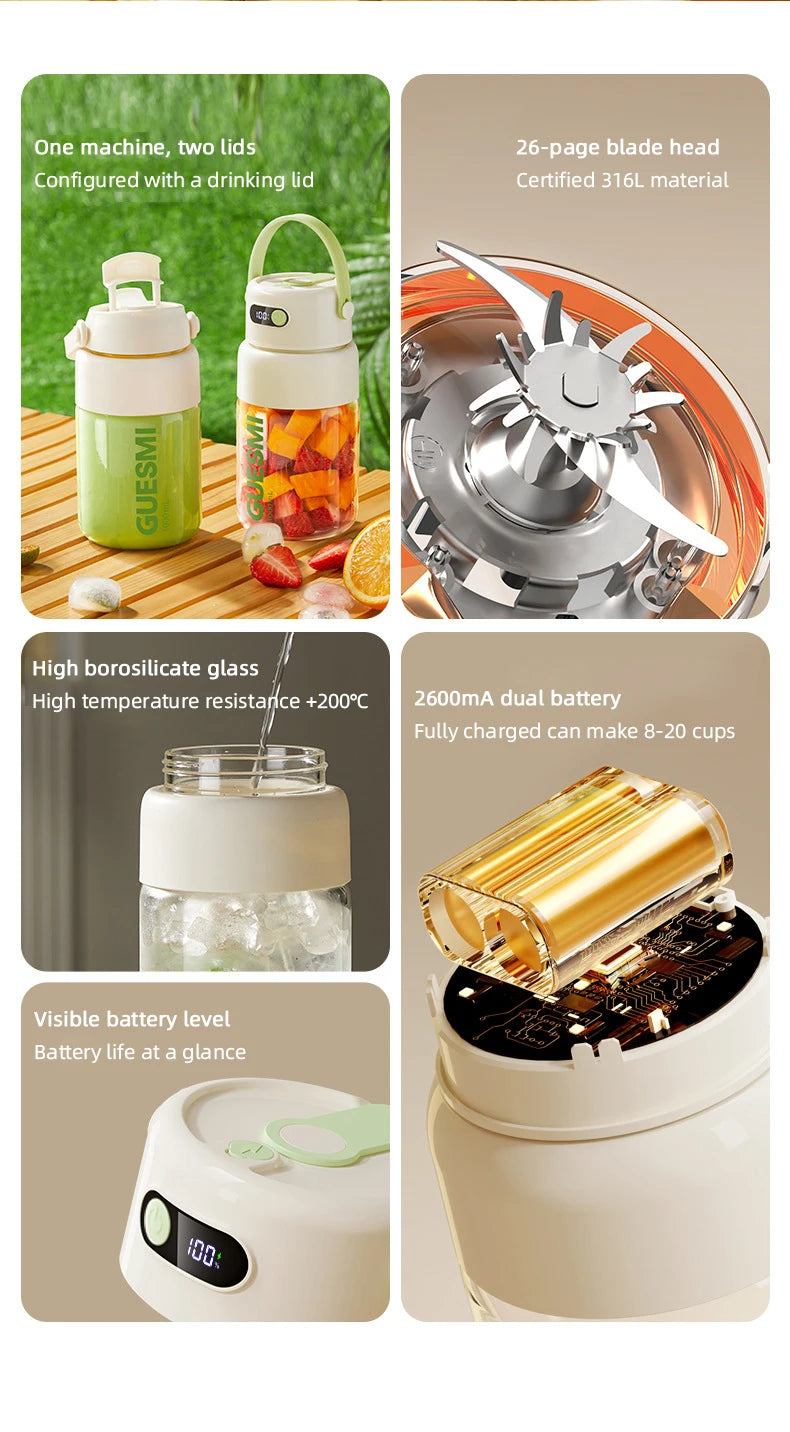Portable green and cream-colored electric blender bottle with a digital battery display and multiple blade attachments.