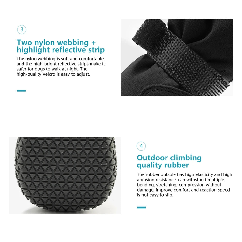 Black dog boots with adjustable velcro straps, reflective strips and a durable, non-slip rubber treaded sole.