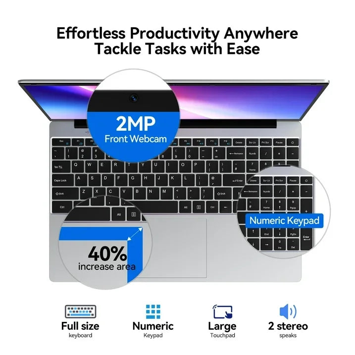 Sleek silver 15.6-inch laptop with a 2MP webcam, numeric keypad, and an extra-large, 40% bigger trackpad.