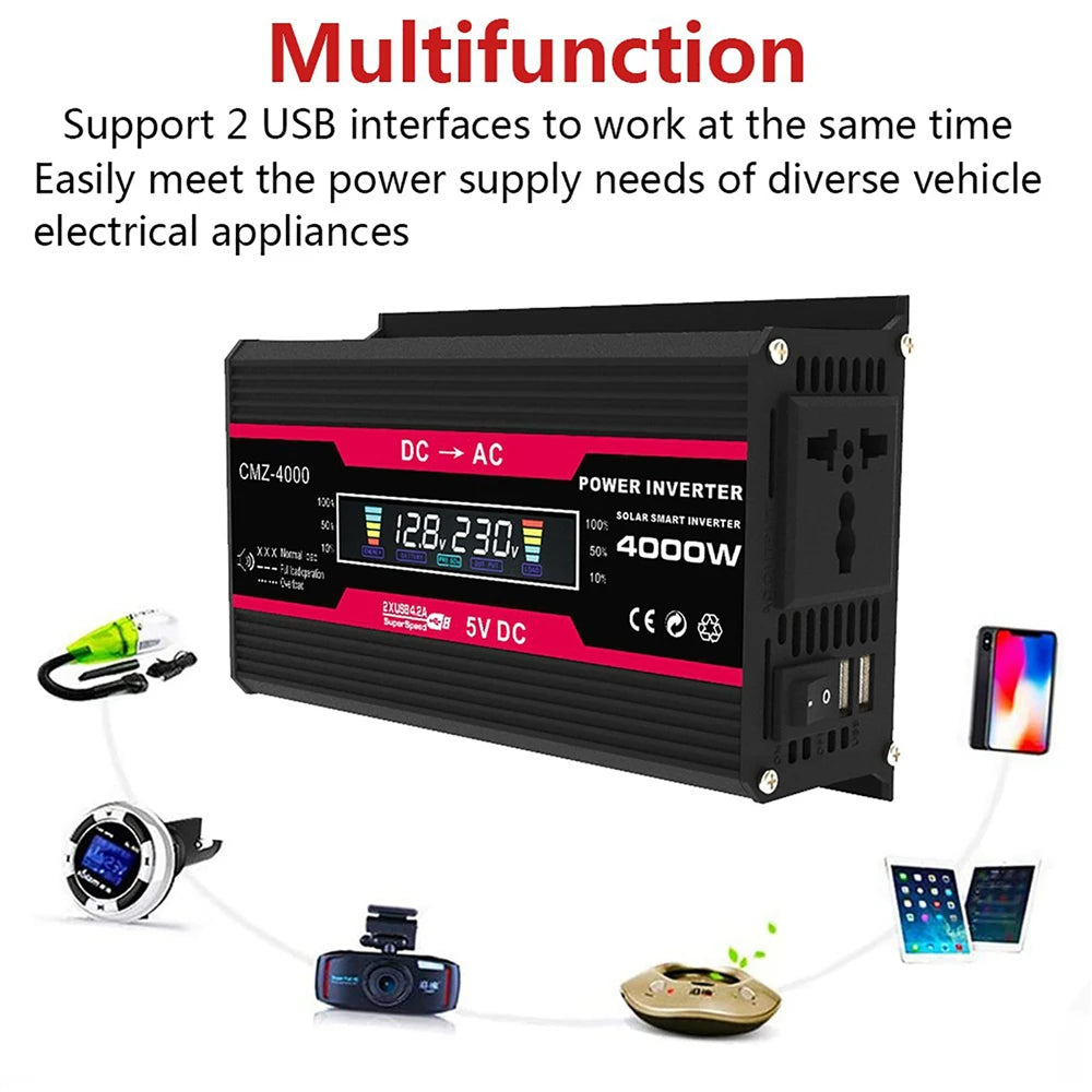 Black 4000W car power inverter with a digital LCD display, AC outlet, and two USB ports, surrounded by devices.