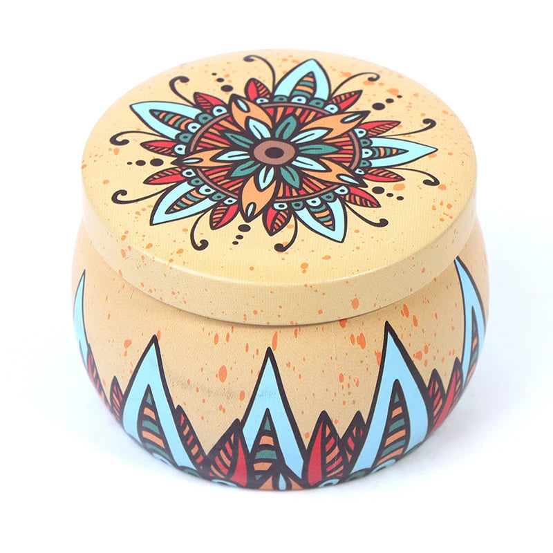 Round yellow tin container with a colourful mandala lid and boho-style leaf pattern around the base.