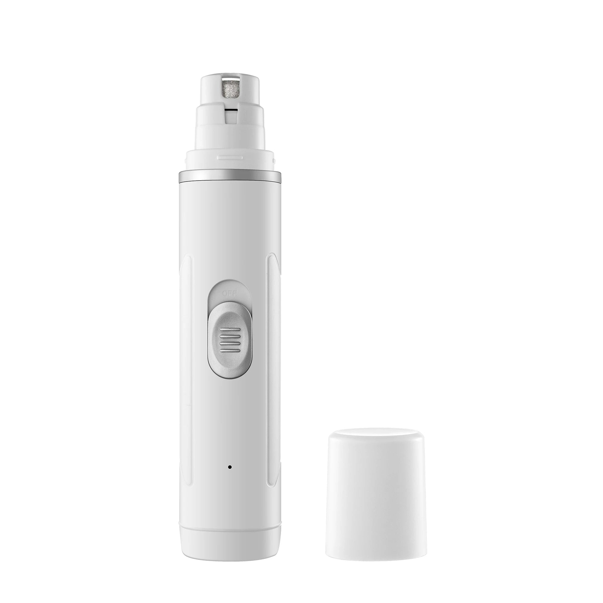 White electric pet nail grinder with a sliding switch and protective cap, on a clean white background.
