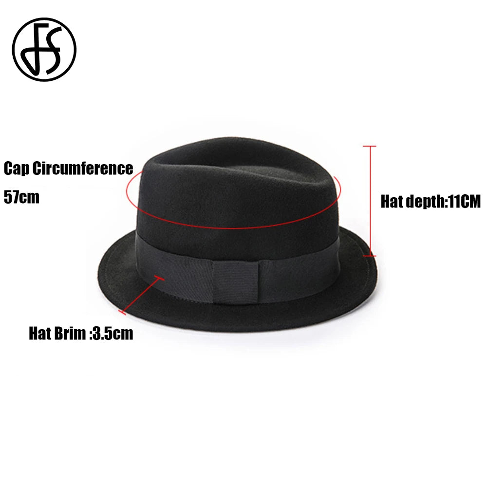 Classic black wool felt fedora with a matching grosgrain ribbon band and short brim, shown with measurement details.