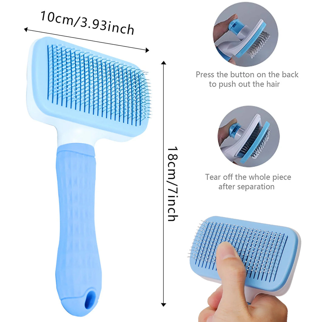 Blue self-cleaning pet grooming brush with button for easy hair removal and dimensions shown.