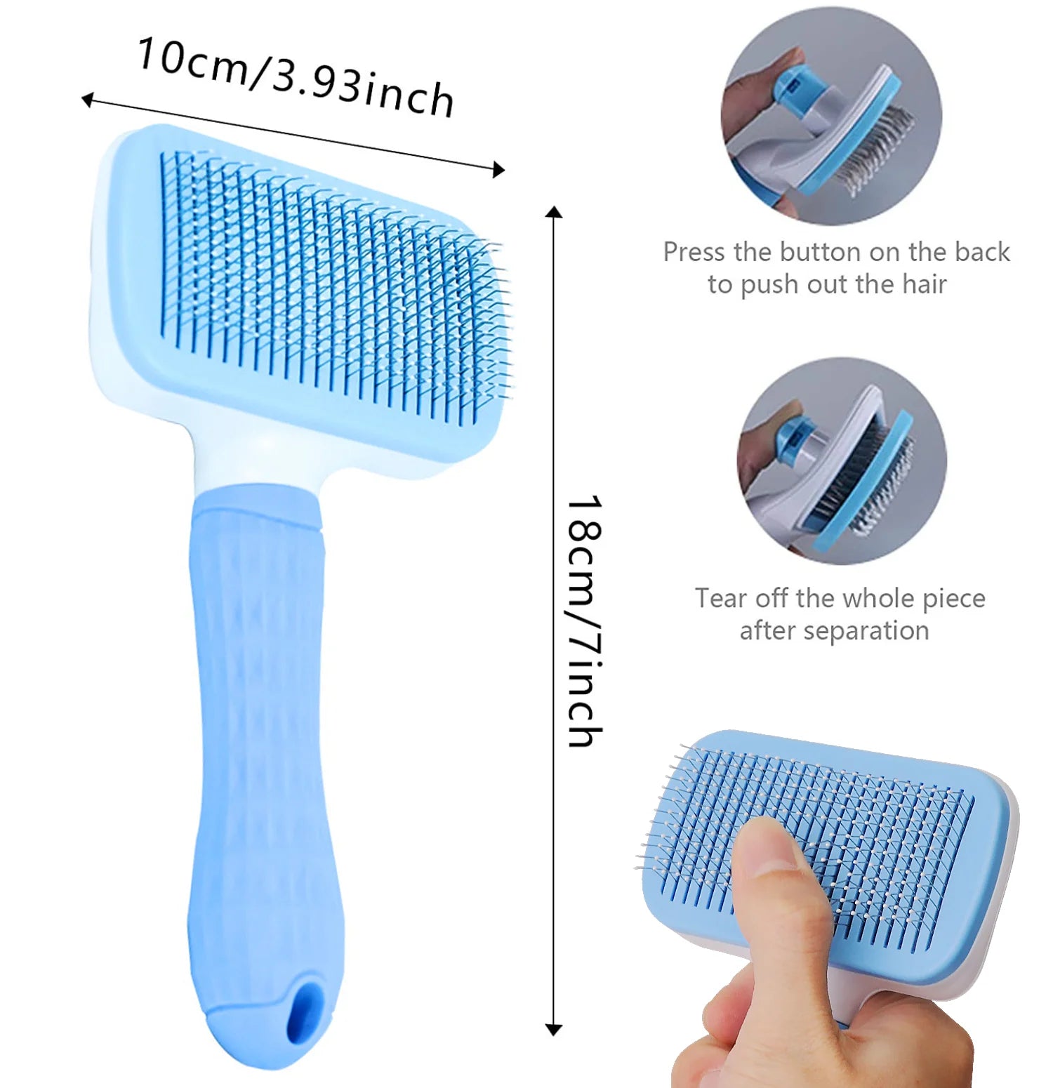 Blue self-cleaning pet grooming brush with button for easy hair removal and dimensions shown.