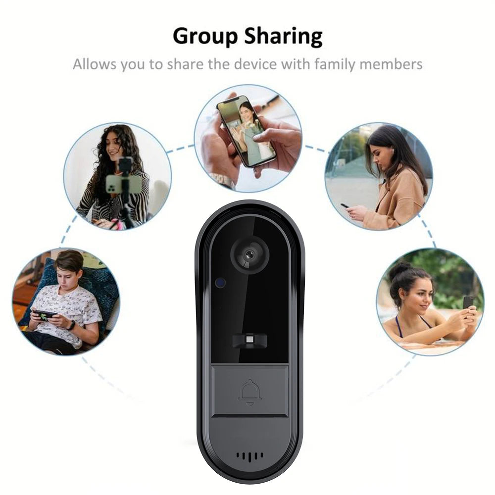 Sleek black wireless video doorbell showing camera, bell button and intercom, with imagery of family device sharing.
