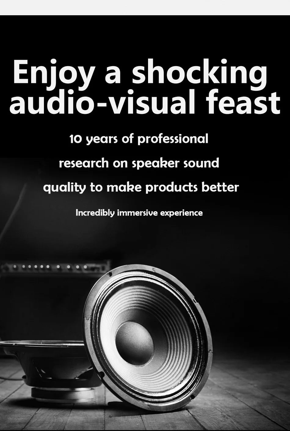 Black and white advertisement featuring a large, round audio speaker on a wooden surface against a dark background.