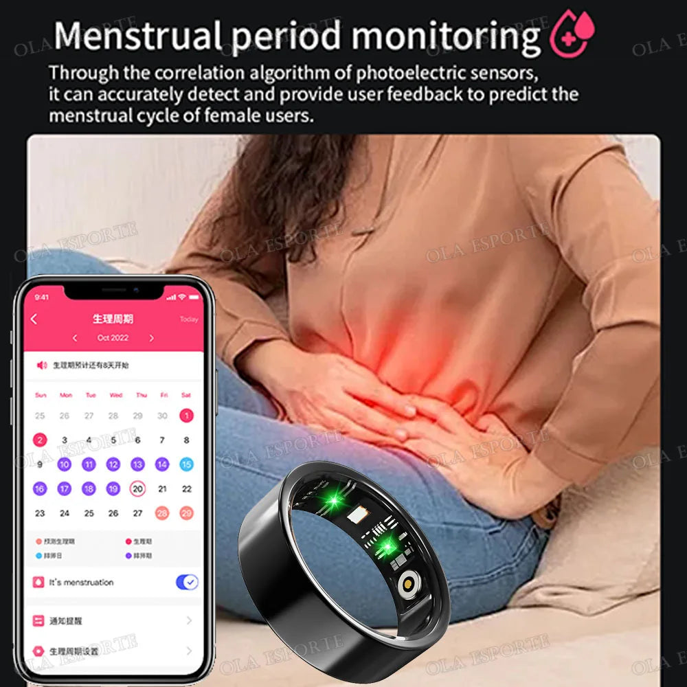 Sleek black health tracking ring with internal sensors, shown alongside a smartphone app for menstrual cycle monitoring.