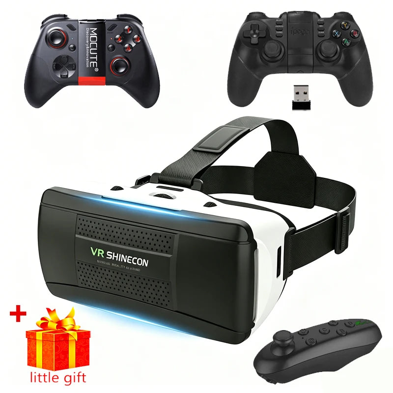 Black and white VR Shinecon headset with adjustable straps, plus three game controllers and a gift box.