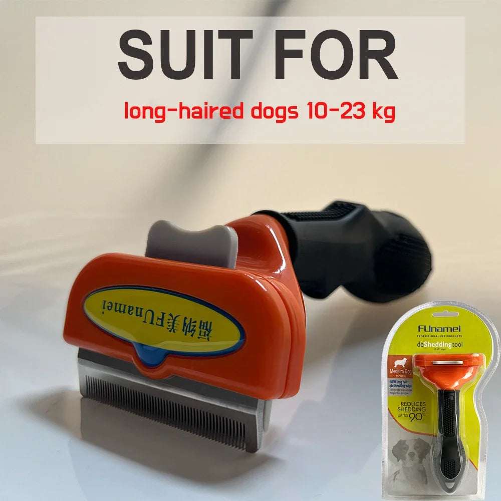 Orange and black dog de-shedding tool with a metal comb, shown loose and in original branded retail packaging.