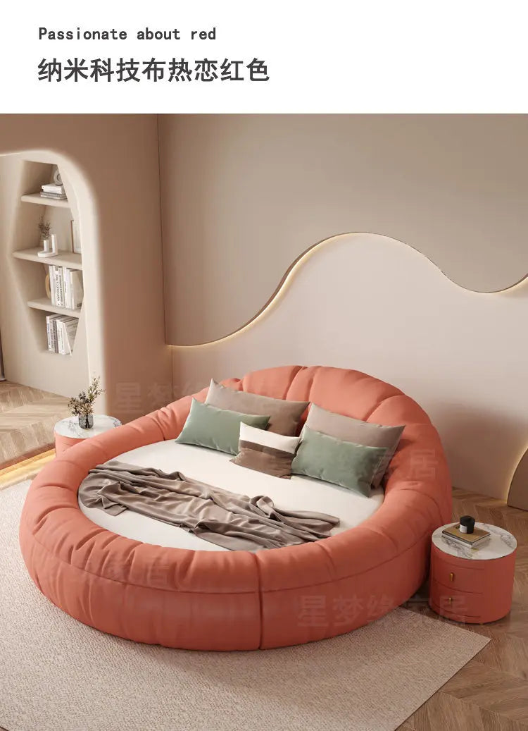 Modern minimalist 200x200cm round bed frame in vibrant red fabric with a tufted, curved surround design.