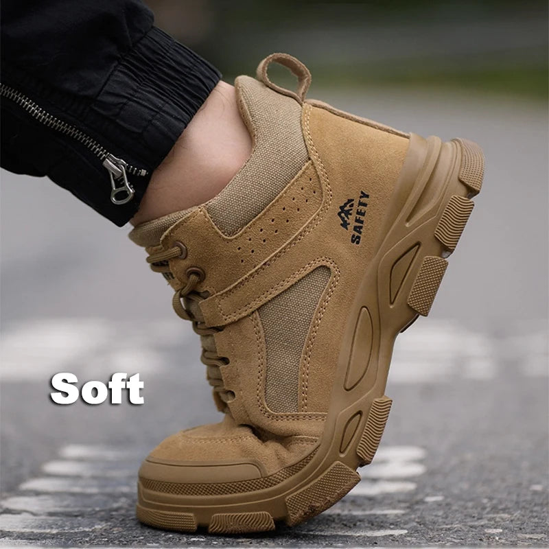 Tan leather safety work boot with thick treaded sole and laces, flexing at the toe.