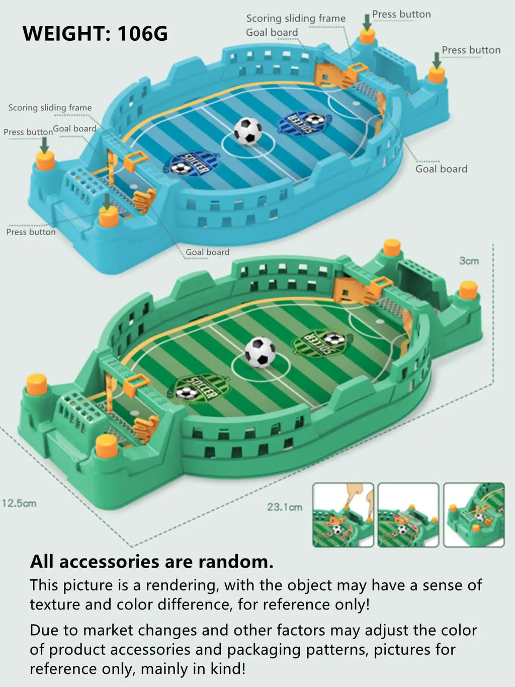 Two mini football tabletop games in blue and green with interactive press buttons, score sliders, and a soccer ball.