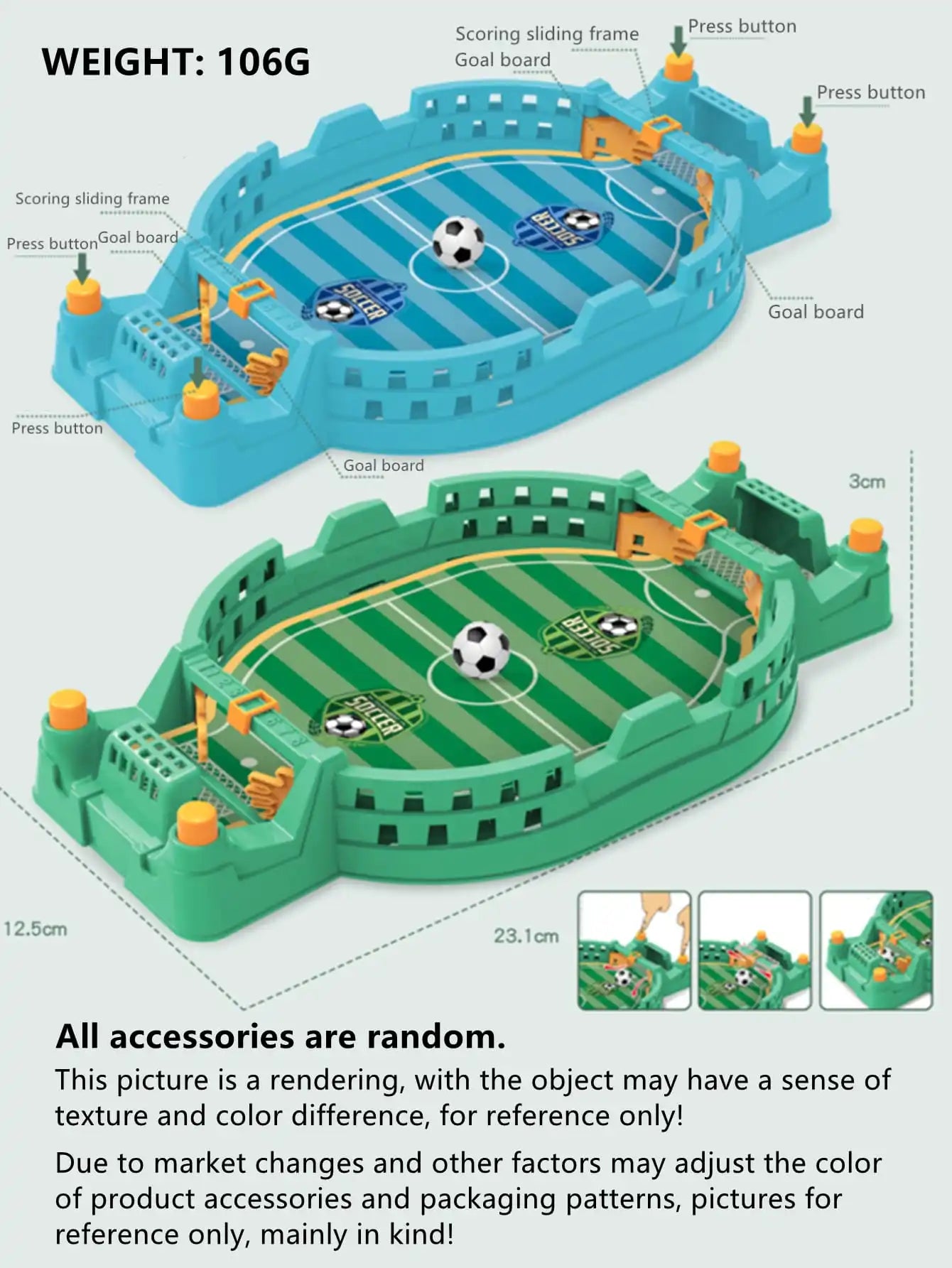 Two mini football tabletop games in blue and green with interactive press buttons, score sliders, and a soccer ball.