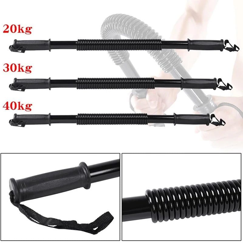Black fitness spring exercise stick with textured handles, safety wrist straps, and center spring coil.