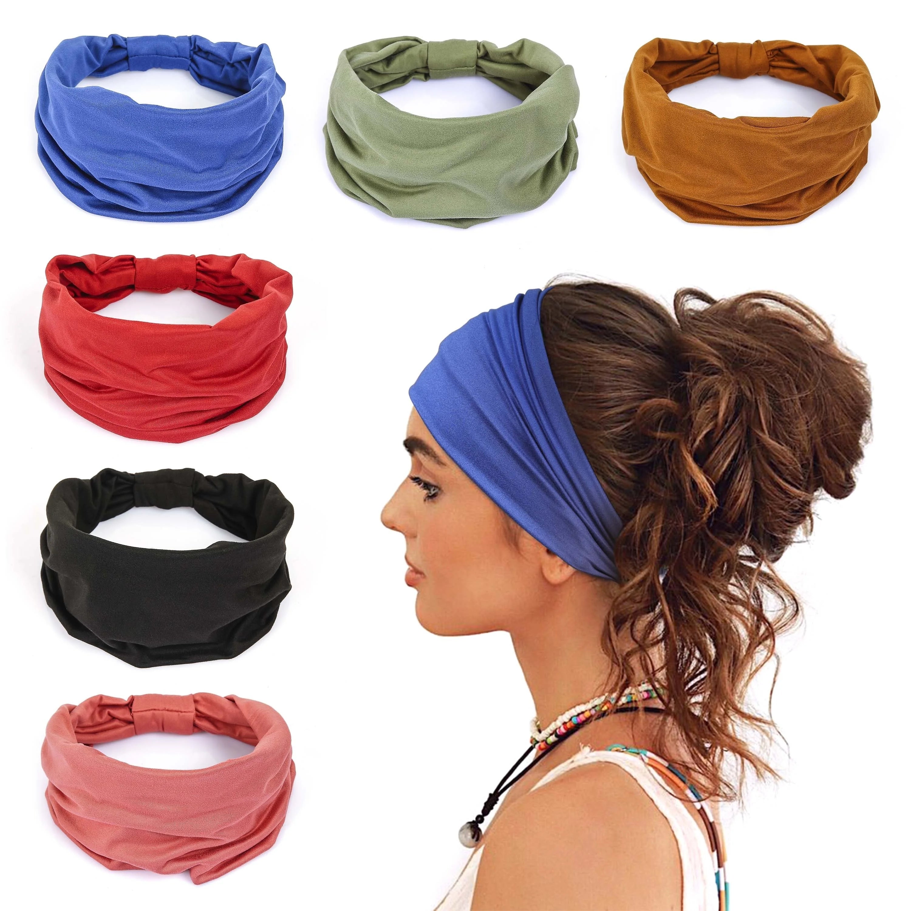 Six assorted plain elasticated fabric headbands, shown individually and worn by a model in blue.