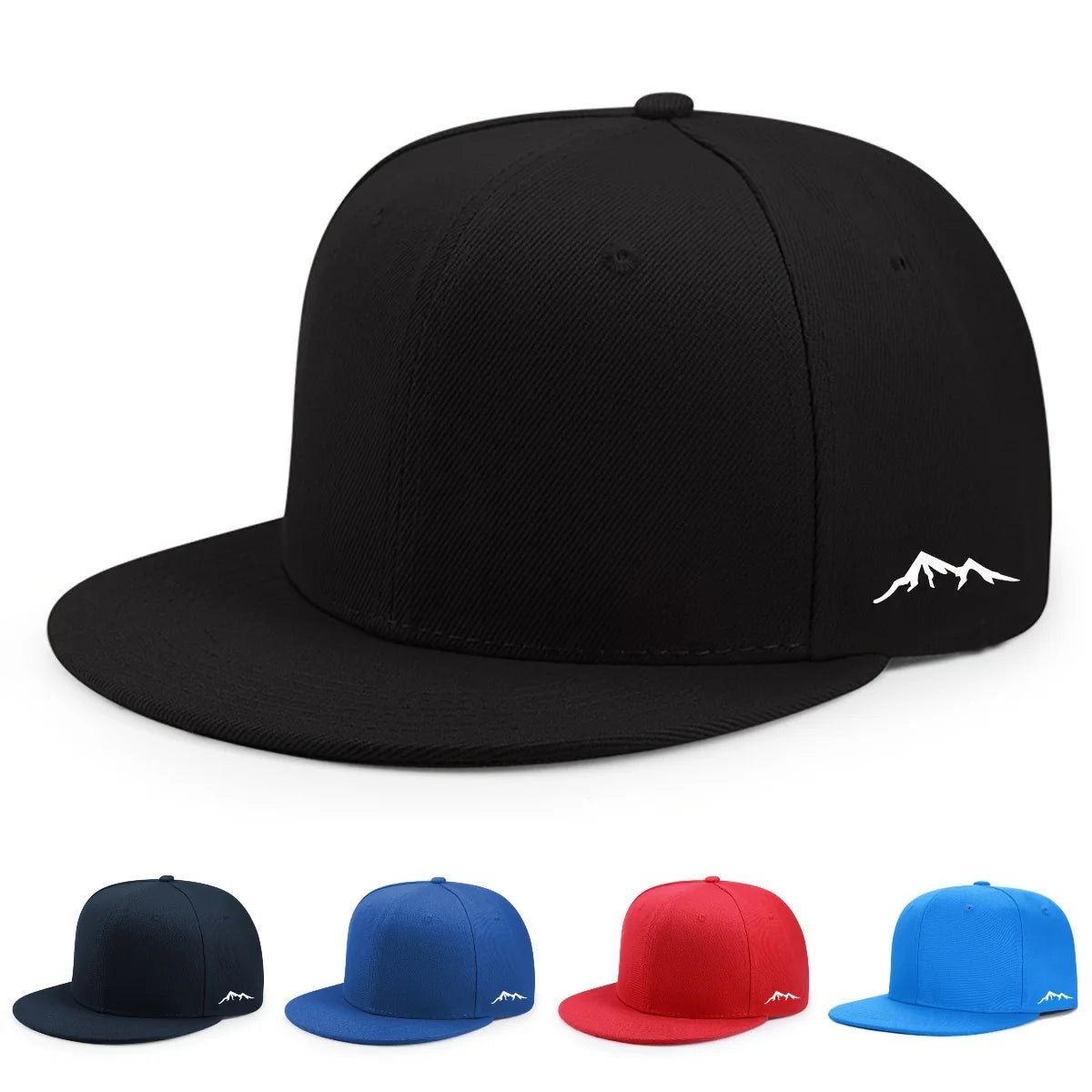 Unisex flat brim hip hop caps in various colours, each featuring a white mountain logo on the side.